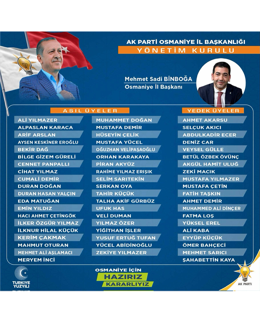 AK PARTİ  OSMANİYE İL YÖNETİMİ  BELİRLEMİP AÇIKLAMDI